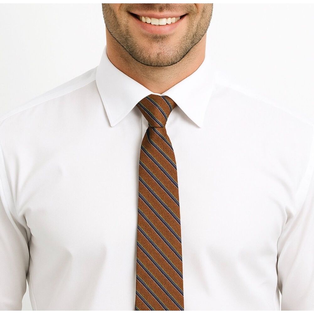 Vintage Tango Men's Russet Brown Navy Olive Diagonal Pinstripe 100% Silk Tie